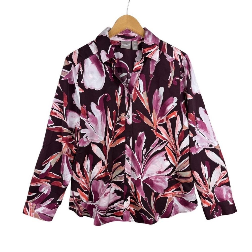 Chico's Womens Floral Print Button Up Blouse Pink Purple Size 2 | US Large